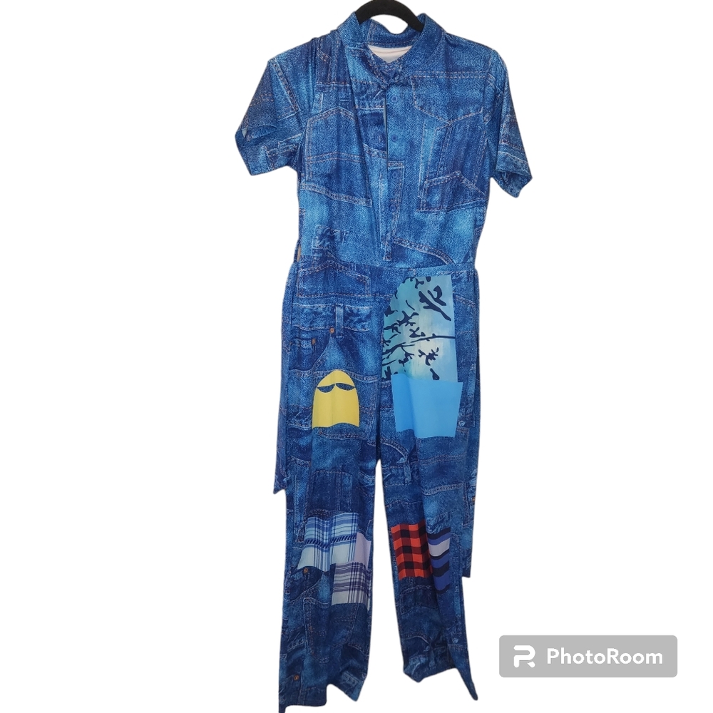 Blue jean like jumpsuit.  Unique Pacman & plaid pattern. Size Medium.